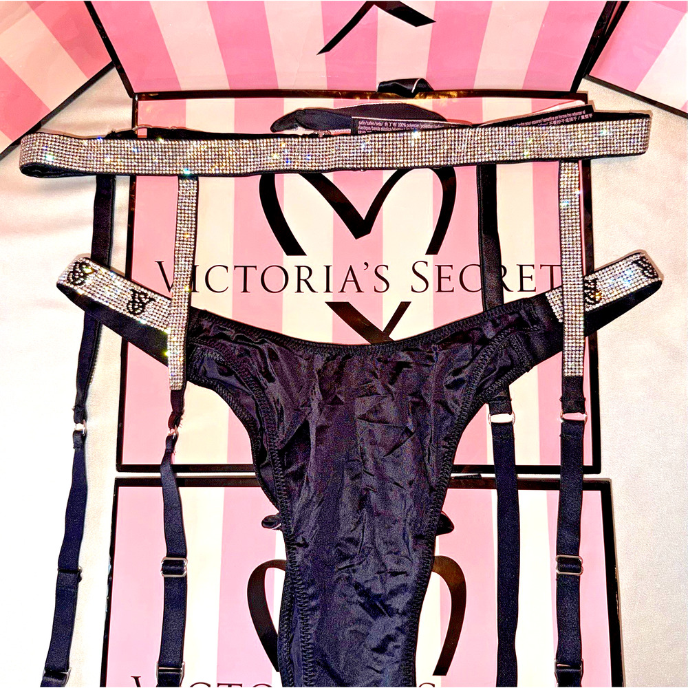 Victorias Secret Garter Belt & Panty Brazilian Shine Strap Satin Large Black